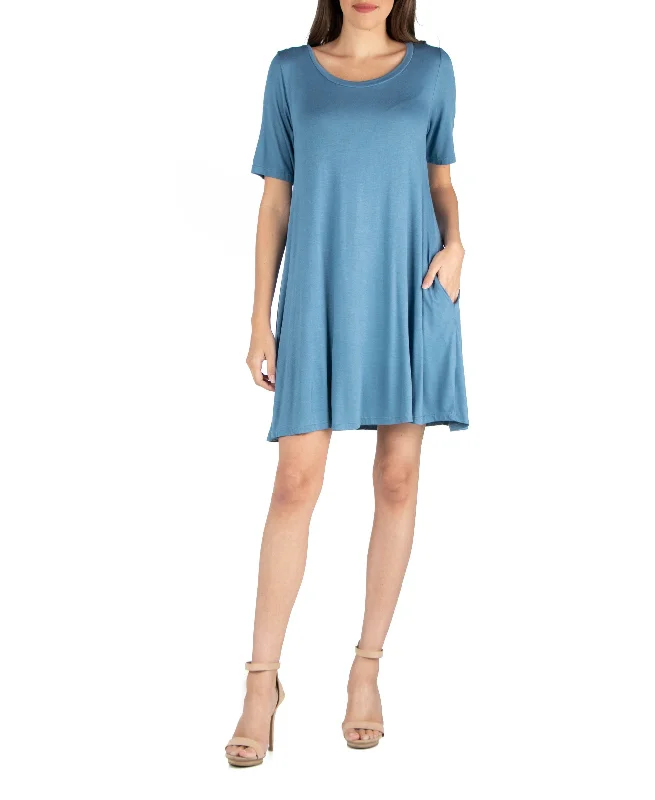 24seven Comfort Apparel Soft Flare T-Shirt Dress With Pocket Detail Mesh Fabric Canvas Fabric Denim Fabric
