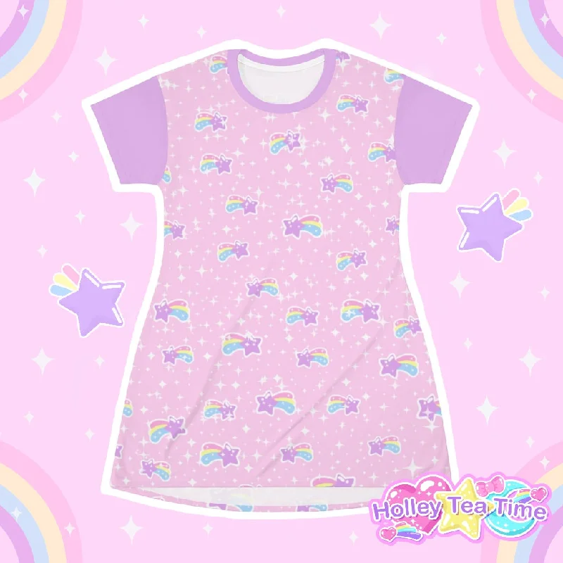 Bubblegum Bunny Shooting Stars All Over Print T-Shirt Mini Dress Notch Collar Peter Pan Collar Cowl Neck Bubblegum Bunny Shooting Stars All Over Print T-Shirt Mini Dress Notch Collar Peter Pan Collar Cowl Neck