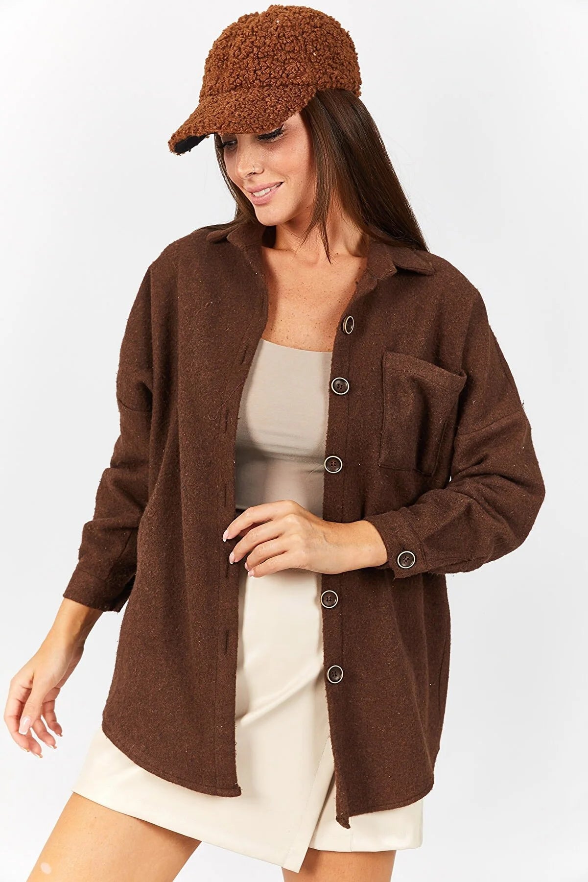Armonica Women's Brown Oversize Stitched Pocket Shirt Elegant Off-Shoulder Short Shirt