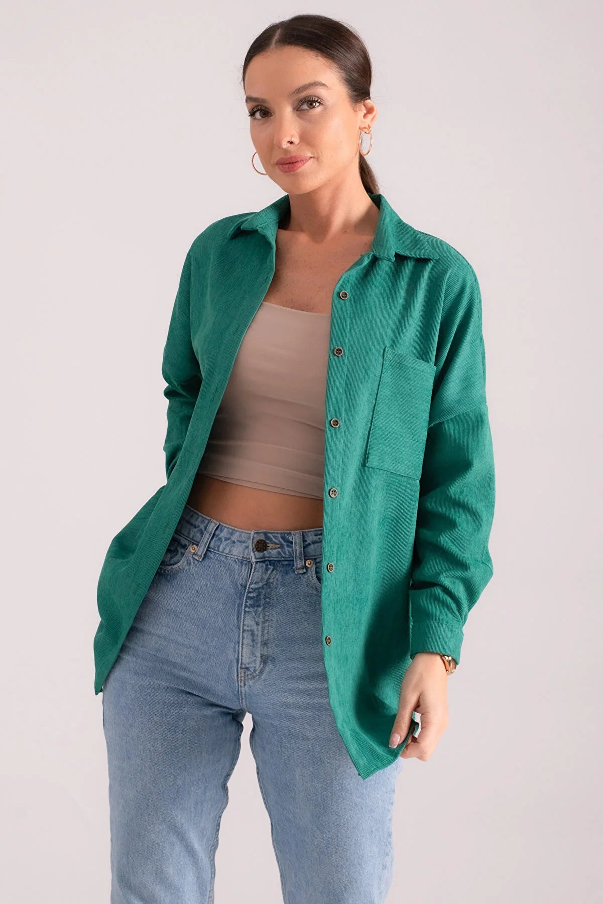 Armonika Women's Dark Green Pocket Oversize Slim Corduroy Shirt Comfortable Fitted Short Sleeve