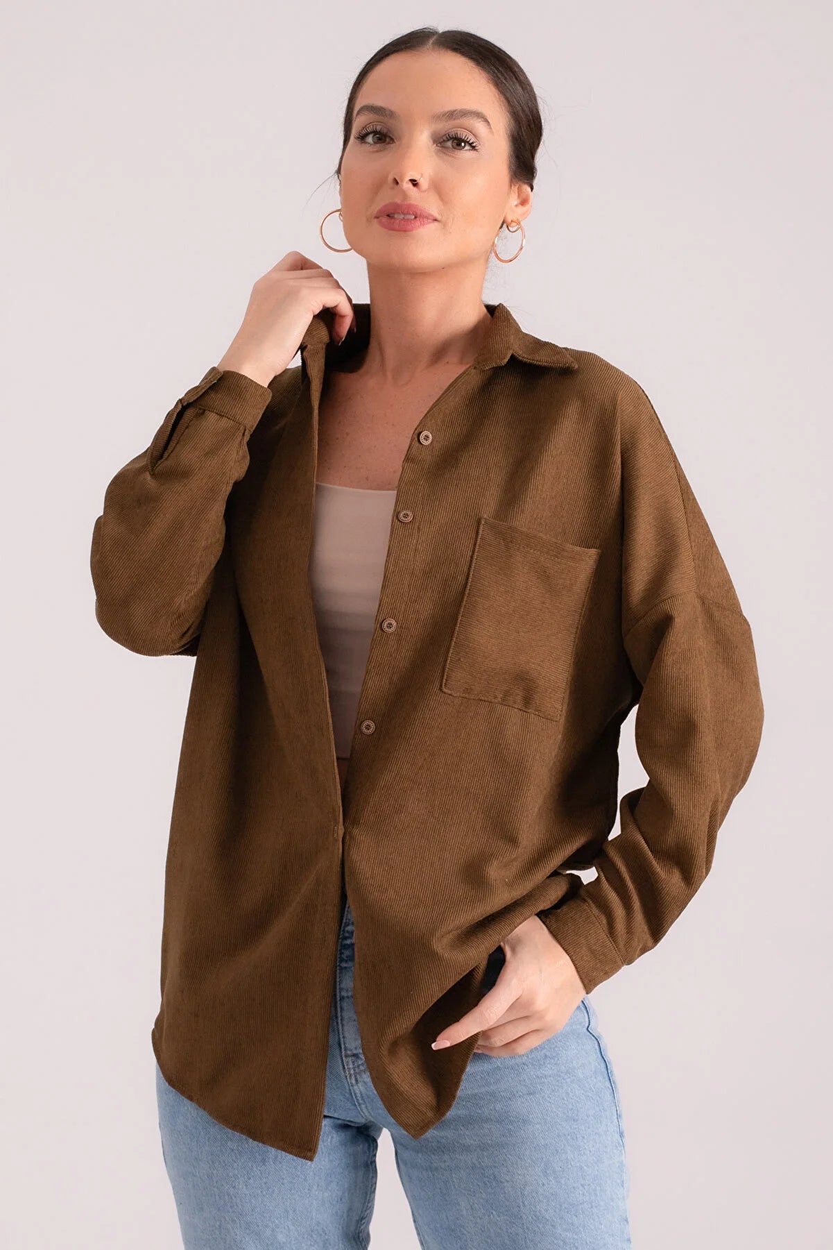Armonika Women's Dark Khaki Pocket Oversize Slim Corduroy Shirt Trendy Short Sleeve Tunic