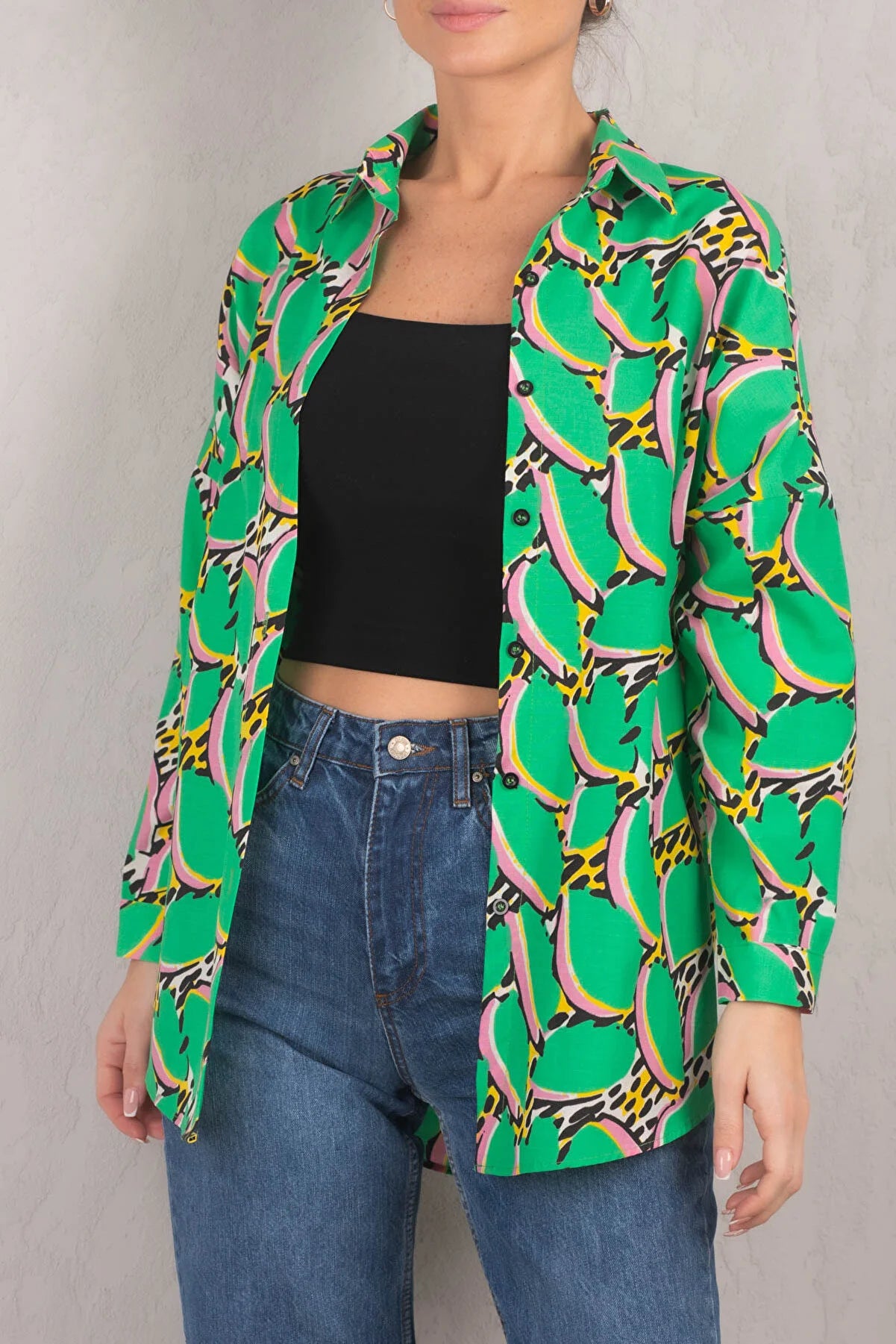 Armonika Women's Green Patterned Oversize Long Basic Shirt Relaxed Fit Short Shirt