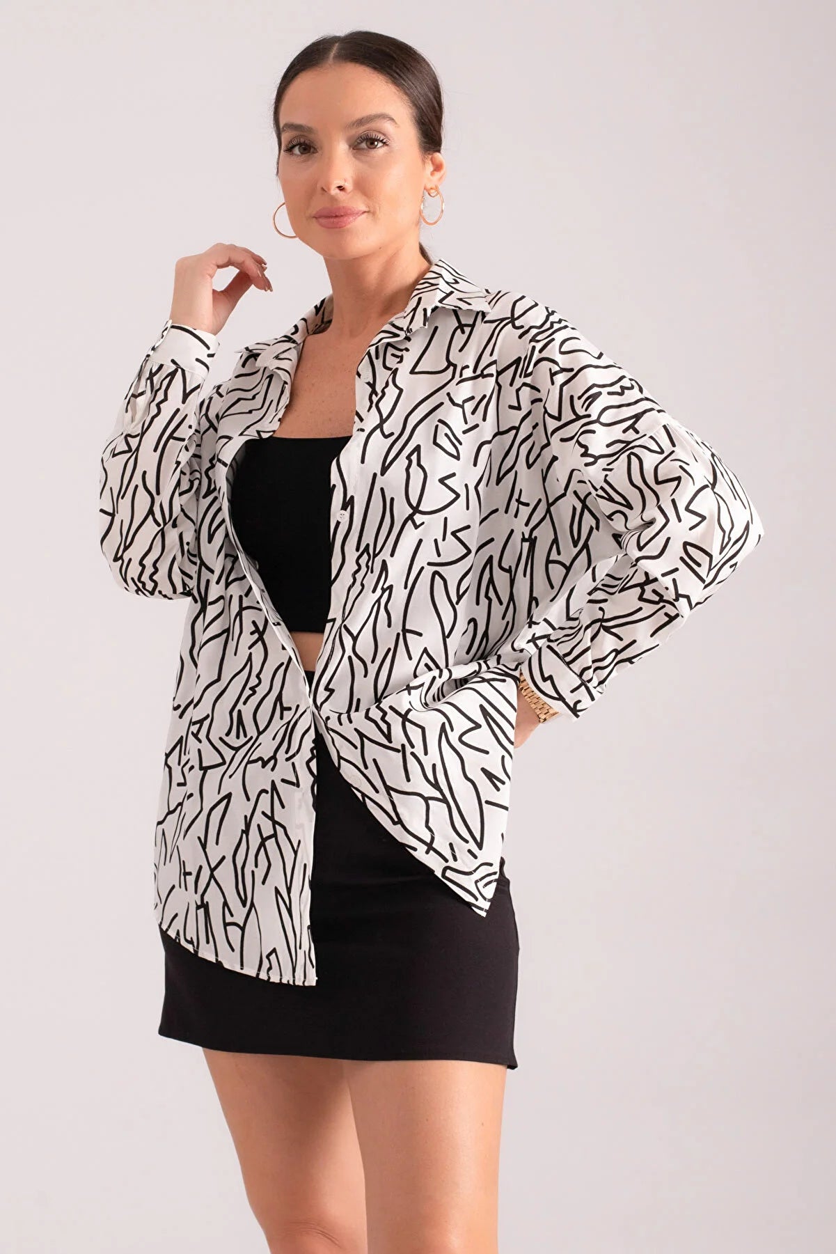 Armonika Women's White Patterned Oversize Long Basic Shirt Comfortable Stretch Short Shirt