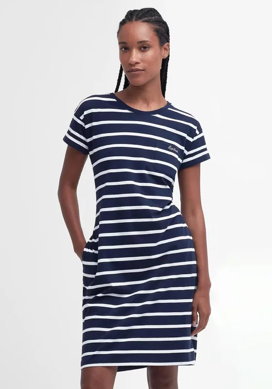 Barbour Womens Otterburn Stripe Cotton T-Shirt Dress, Navy & White Welt Pockets Slit Pockets Flap Pockets