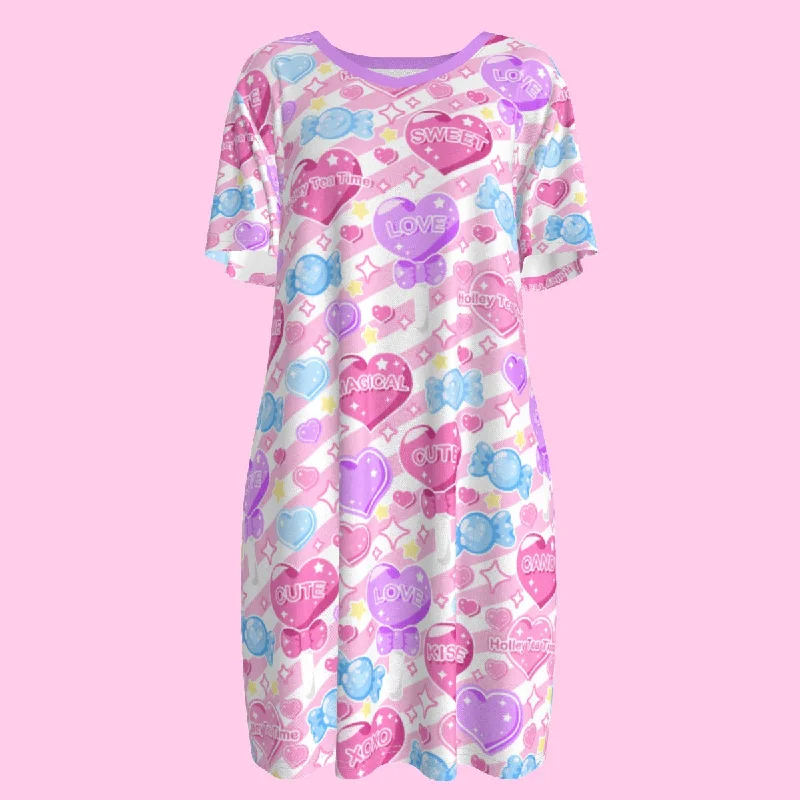 Candy Love Hearts (Colorful Cutie) Women's T-shirt Dress Welt Pockets Slit Pockets Flap Pockets Candy Love Hearts (Colorful Cutie) Women's T-shirt Dress Welt Pockets Slit Pockets Flap Pockets