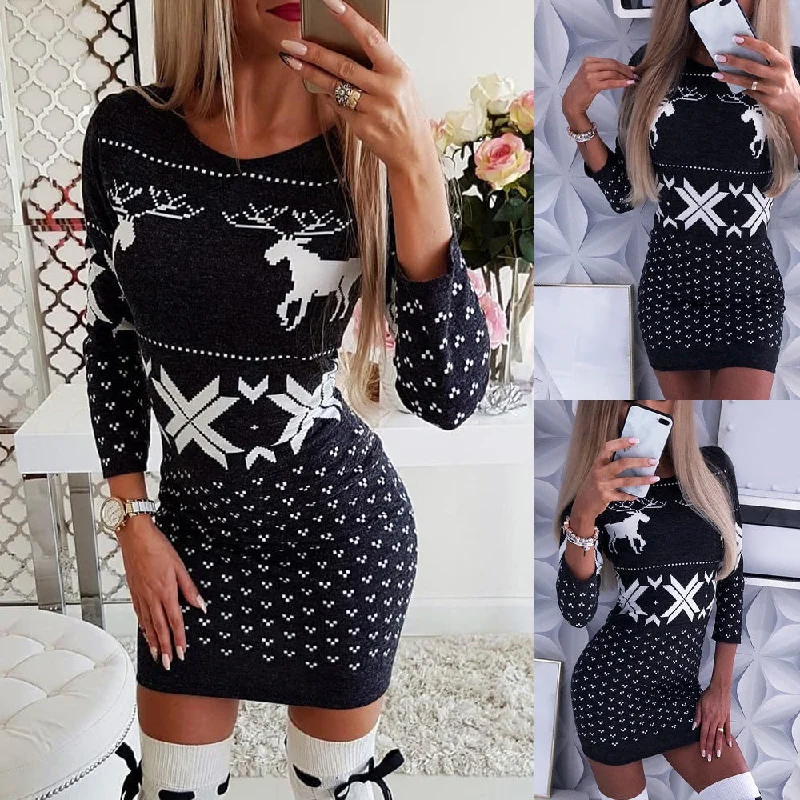 Christmas digital printing tight-fitting hip dress, long-sleeved thin T-shirt and skirt Zippered Buttoned Snapped Christmas digital printing tight-fitting hip dress, long-sleeved thin T-shirt and skirt Zippered Buttoned Snapped