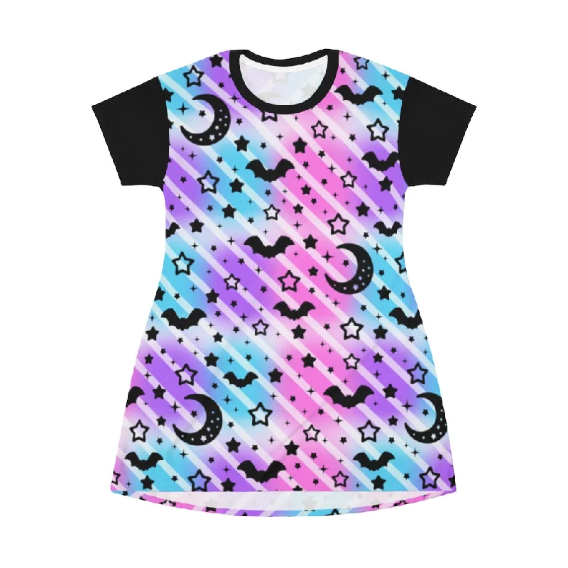 Creepy Cute Stripes All Over Print T-Shirt Mini Dress Ribbed Striped Patterned