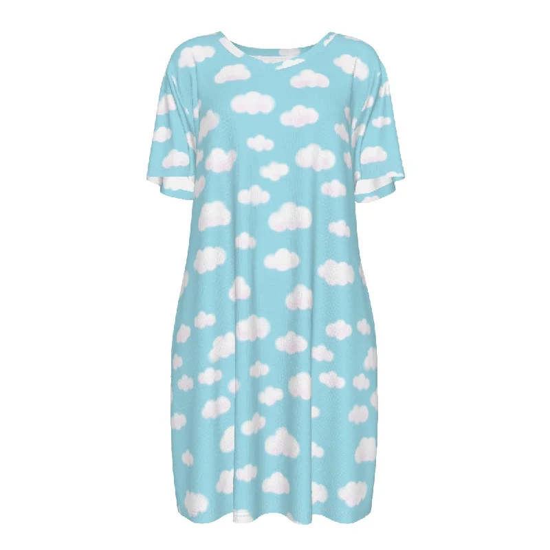 Dreamy Clouds Women's Cotton T-shirt Dress (Sky Blue) Mesh Blend Leather Blend Suede Blend