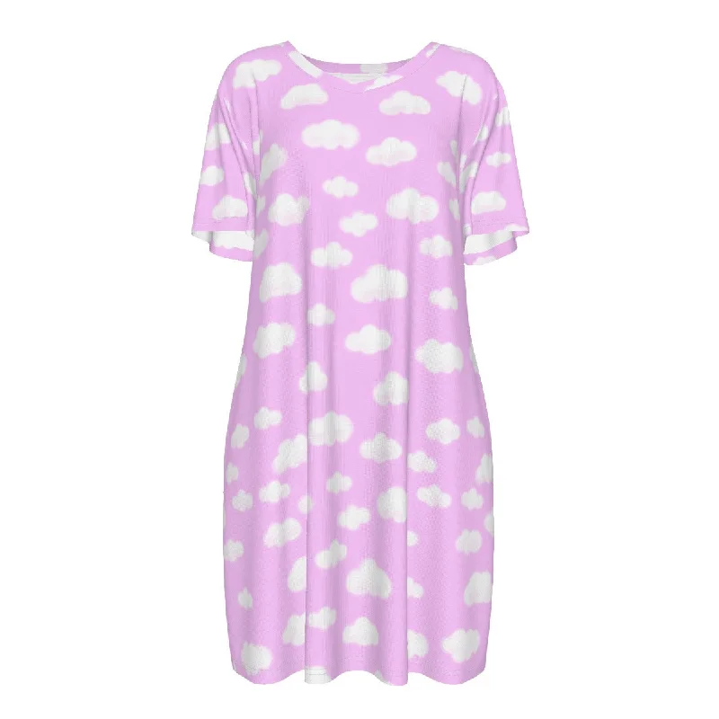 Dreamy Clouds Women's Cotton T-shirt Dress (Taffy Pink) Polka Dot Checkered Tartan