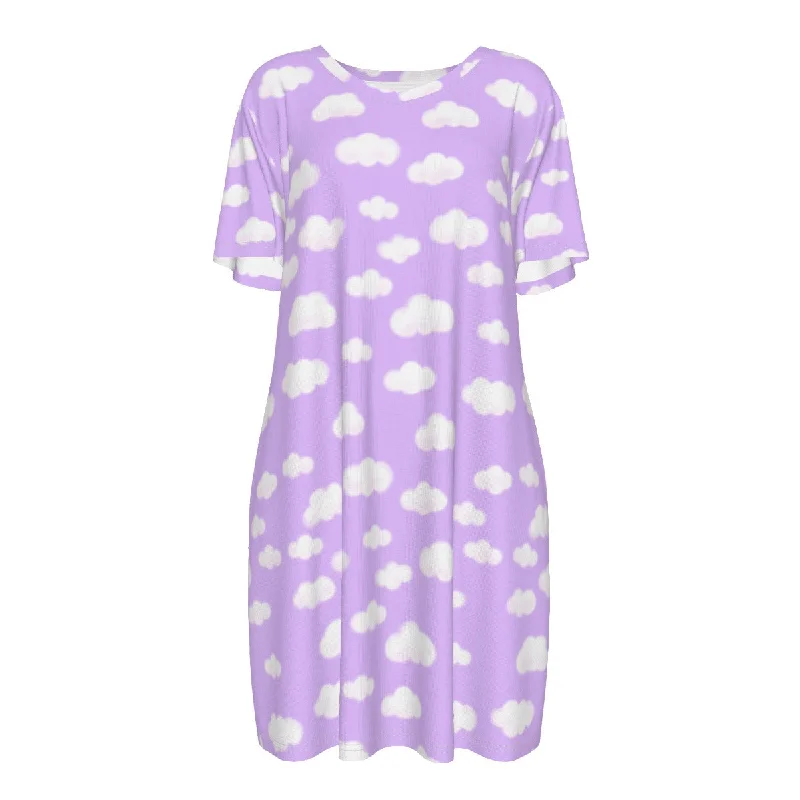 Dreamy Clouds Women's Cotton T-shirt Dress (Lilac) Print Jacquard Patchwork