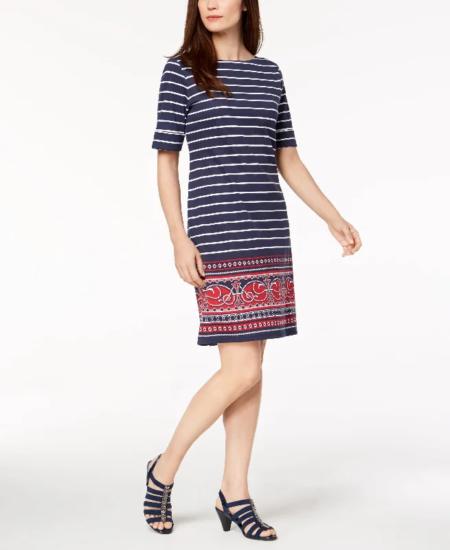 Karen Scott Striped Border Print T-Shirt Dress Beaded Sequined Faux Fur