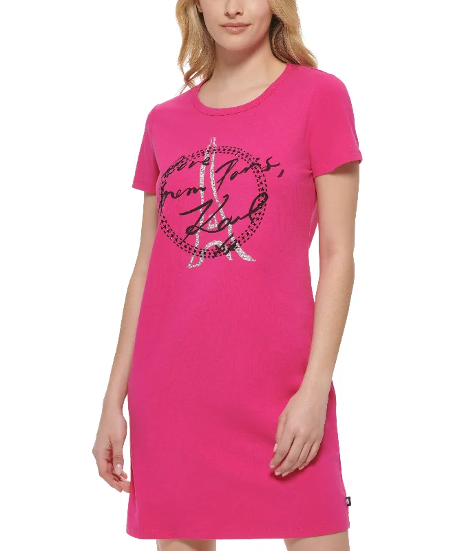 Karl Lagerfeld Paris Embellished Logo T-Shirt Dress Rayon Velvet Corduroy