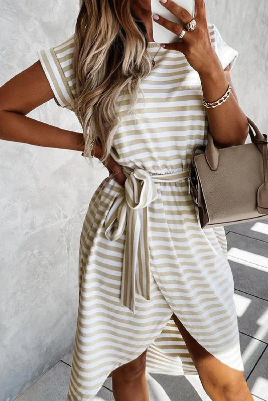 Khaki Stripe Short Sleeve Belted Wrapped Hemline T-Shirt Dress Layered Multi-layer Single Layer Khaki Stripe Short Sleeve Belted Wrapped Hemline T-Shirt Dress Layered Multi-layer Single Layer