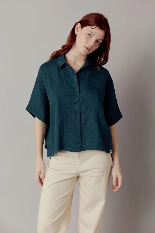 Kimono Organic Linen Shirt Teal Green Fashionable Pleated Short Shirt