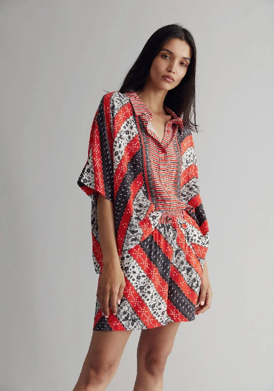 Kimono Organic Linen Shirt Poppy Red Stylish Printed Short Shirt