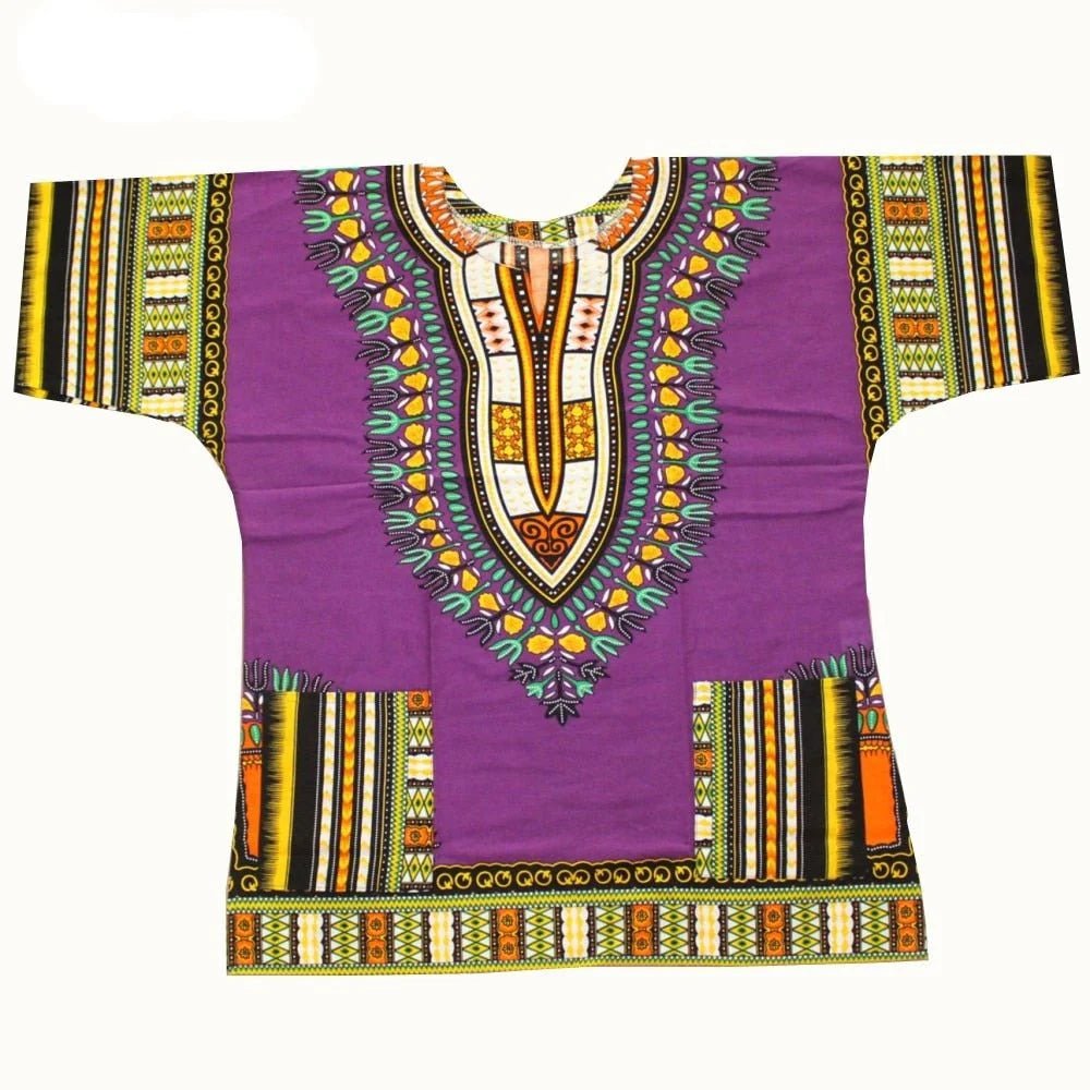 100% Cotton African Print Dashiki Unisex Clothing Bold and Colorful Loose T-shirts Ribbed Striped Patterned
