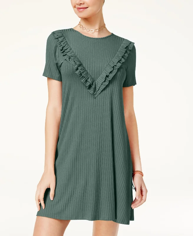 One Clothing Juniors Ribbed Ruffled T-Shirt Dress Embroidered Appliqued Beaded
