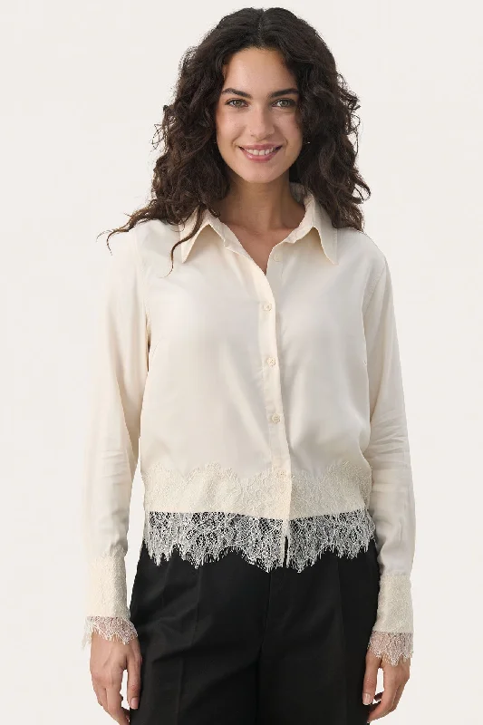 Part Two 30308879 LeninaPW Lace Hem Shirt Birch Cream Cozy Knit Short Sleeve Top