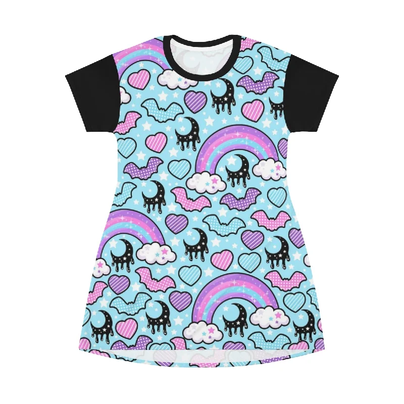 Rainbow Spooky Bats Blue All Over Print T-Shirt Mini Dress Handmade Hand-knitted Hand-woven Rainbow Spooky Bats Blue All Over Print T-Shirt Mini Dress Handmade Hand-knitted Hand-woven