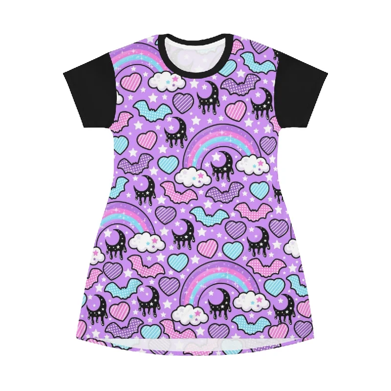 Rainbow Spooky Bats Purple All Over Print T-Shirt Mini Dress Anti-Shrink Durable Soft Rainbow Spooky Bats Purple All Over Print T-Shirt Mini Dress Anti-Shrink Durable Soft