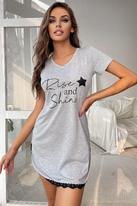 RISE AND SHINE Contrast Lace V-Neck T-Shirt Dress V-Neck T-Shirt Long Sleeve Cotton
