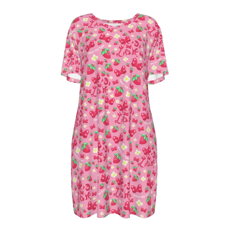 Strawberry Ribbon Women's Cotton T-shirt Dress Cashmere Blend Cotton Blend Poly Blend