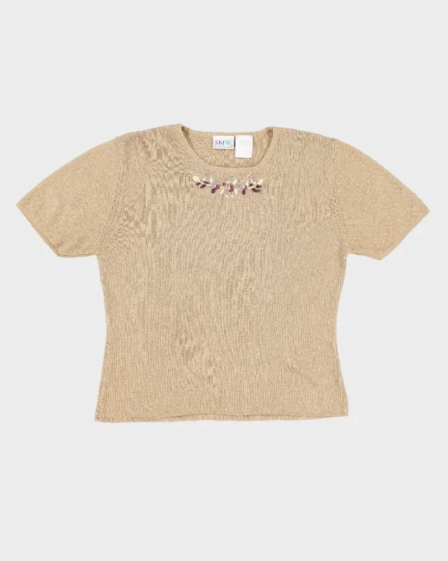 Vintage 90s Style My Way Flower Embroidered Knit T-Shirt - M Wool Fabric Cashmere Fabric Tweed Fabric