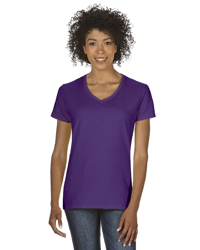 Gildan Ladies Heavy Cotton 5.3 oz. V-Neck T-Shirt | Purple Asymmetrical Pockets Print Gildan Ladies Heavy Cotton 5.3 oz. V-Neck T-Shirt | Purple Asymmetrical Pockets Print