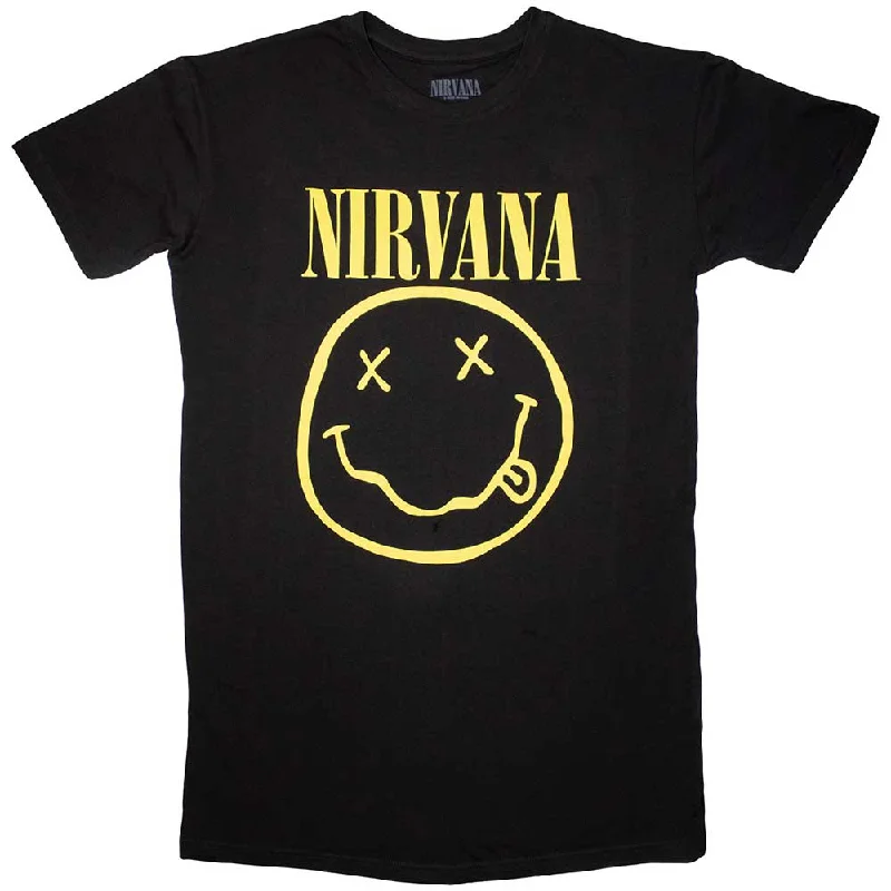 Nirvana | Ladies Official Band T-Shirt Dress | Yellow Happy Face Chenille Brocade Lace Nirvana | Ladies Official Band T-Shirt Dress | Yellow Happy Face Chenille Brocade Lace