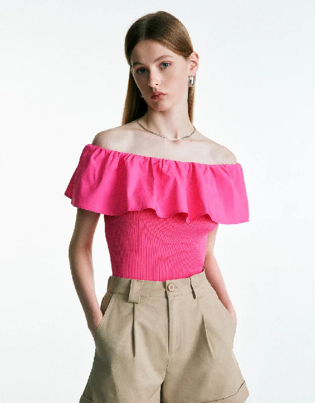 Off-Shoulder Knitted T-Shirt Beaded Sequined Faux Fur