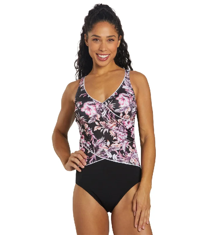 FINZ Women's Hibiscus Crossover One Piece Swimsuit (E/F Cup) Black Floral Bikini Top