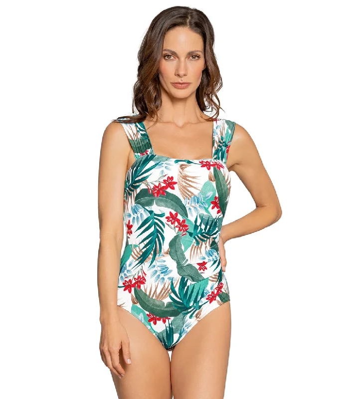 Jantzen Women's NeoTropics Glamour Cap Sleeve One Piece Swimsuit Modern High-Waisted Swimsuit