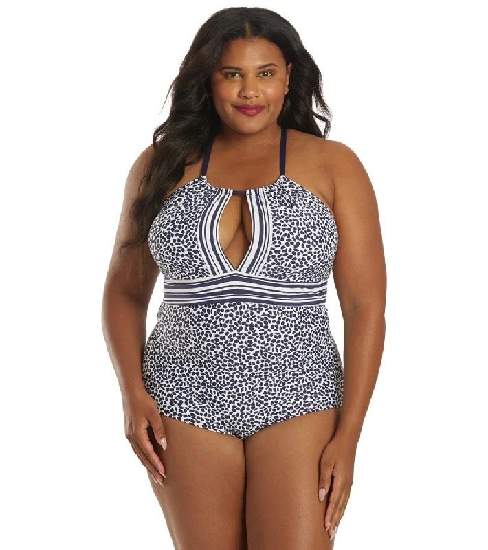 La Blanca Women's Plus Size Apulia Mix High Neck Keyhole One Piece Swimsuit Indigo Halter Top Bikini