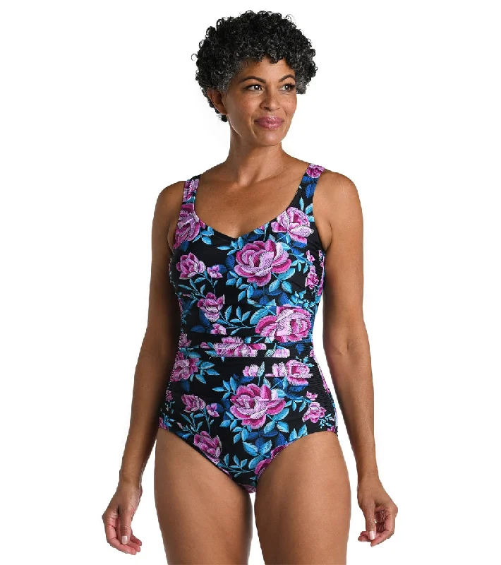 Maxine Women's Midnight Orchid Over The Shoulder One Piece Swimsuit Black V-Neck Swim Dress