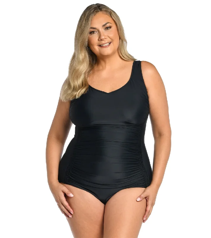 Maxine Women's Plus Size Solid Over The Shoulder One Piece Swimsuit Black Elegant Ruffle Swimsuit