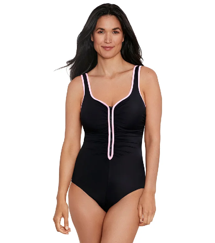 Shape Solver SPORT Women's Color Coated Shirred Zipper Tank One Piece Swimsuit Full Coverage Swimsuit