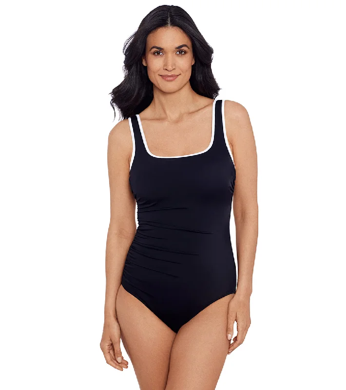 Shape Solver SPORT Women's Colorblock Sport Side Shirred Tank One Piece Swimsuit Mesh Swimsuit Top