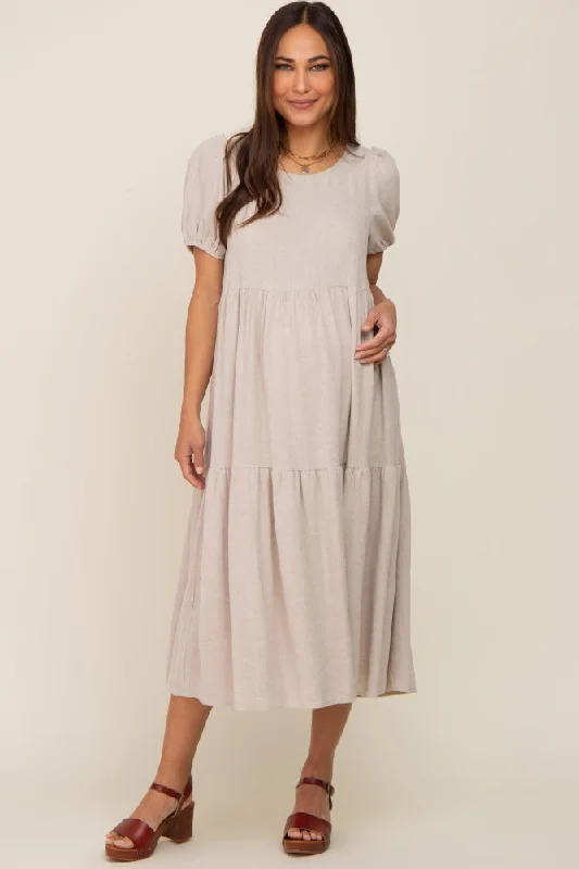 Beige Linen Short Sleeve Tiered Back Tie Maternity Midi Dress Cozy A-Line Midi Dress Beige Linen Short Sleeve Tiered Back Tie Maternity Midi Dress Cozy A-Line Midi Dress