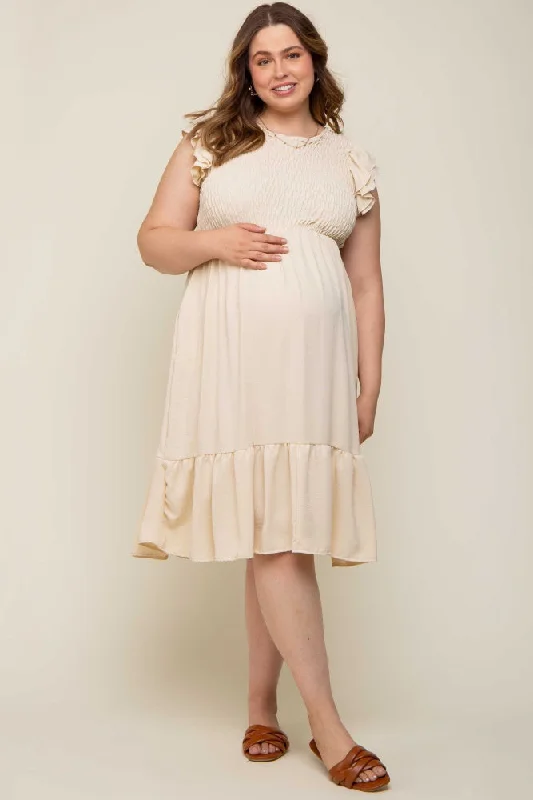 Beige Smocked Layered Ruffle Flutter Sleeve Maternity Plus Midi Dress Elegant Velvet Midi Dress Beige Smocked Layered Ruffle Flutter Sleeve Maternity Plus Midi Dress Elegant Velvet Midi Dress