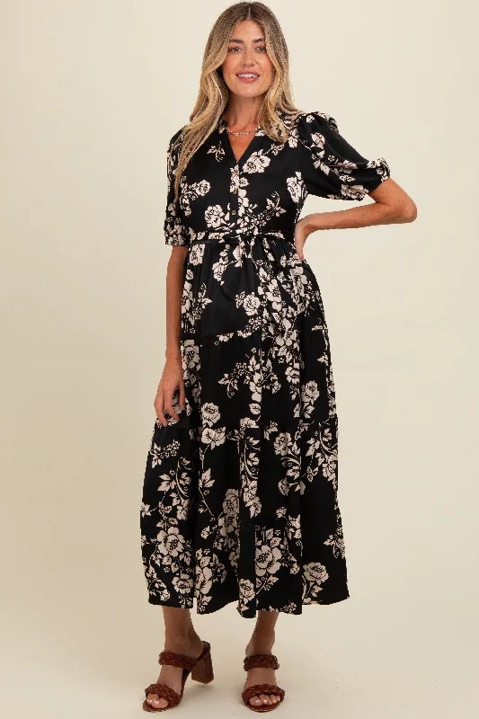 Black Floral Button Down Front Tie Maternity Midi Dress Trendy Tiered Hem Midi Dress Black Floral Button Down Front Tie Maternity Midi Dress Trendy Tiered Hem Midi Dress