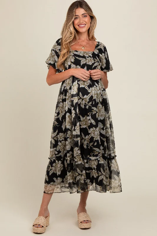 Black Floral Chiffon Ruffle Hem Maternity Midi Dress Comfortable Empire Waist Midi Dress Black Floral Chiffon Ruffle Hem Maternity Midi Dress Comfortable Empire Waist Midi Dress