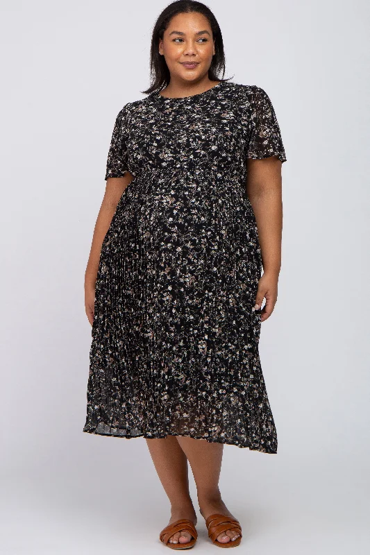 Black Floral Pleated Chiffon Maternity Plus Midi Dress Elegant Floral Appliqué Midi Dress Black Floral Pleated Chiffon Maternity Plus Midi Dress Elegant Floral Appliqué Midi Dress
