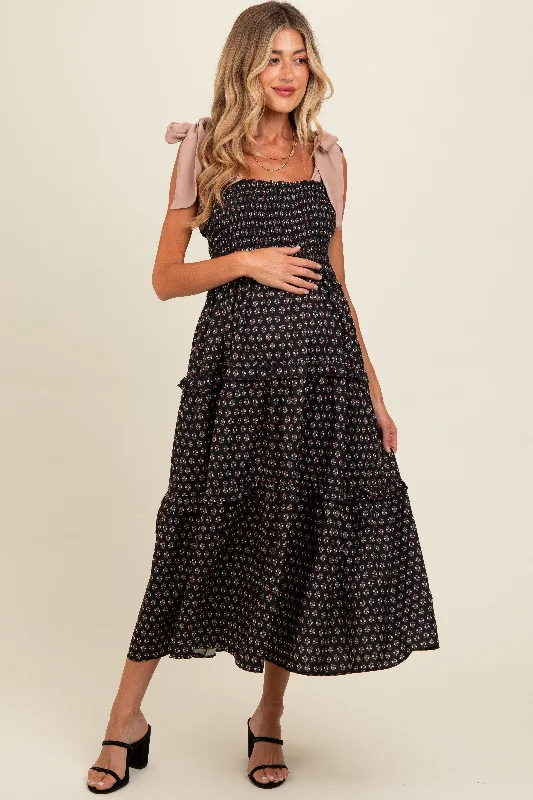 Black Floral Print Contrast Shoulder Tie Tiered Maternity Midi Dress Cozy Spaghetti Strap Midi Dress Black Floral Print Contrast Shoulder Tie Tiered Maternity Midi Dress Cozy Spaghetti Strap Midi Dress