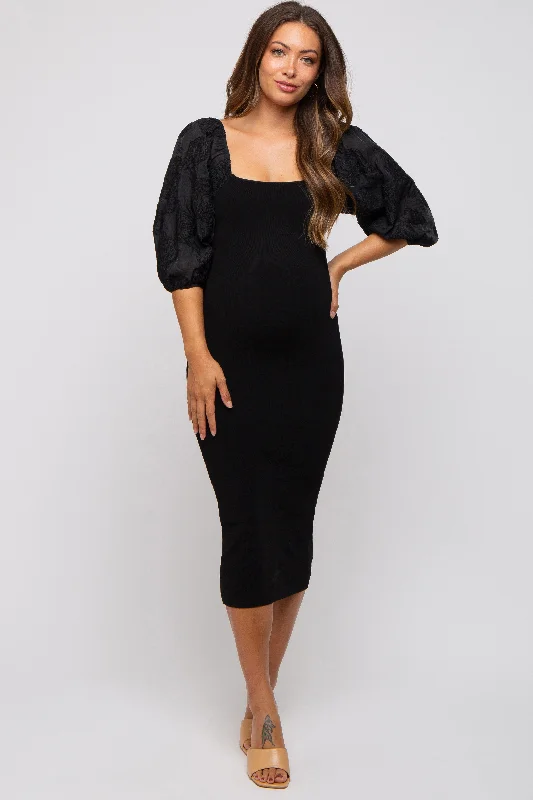 Black Floral Puff Sleeve Maternity Midi Dress Trendy Long Sleeve Midi Dress