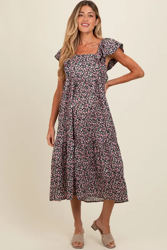 Black Floral Ruffle Off Shoulder Maternity Midi Dress Elegant Puff Sleeve Midi Dress Black Floral Ruffle Off Shoulder Maternity Midi Dress Elegant Puff Sleeve Midi Dress