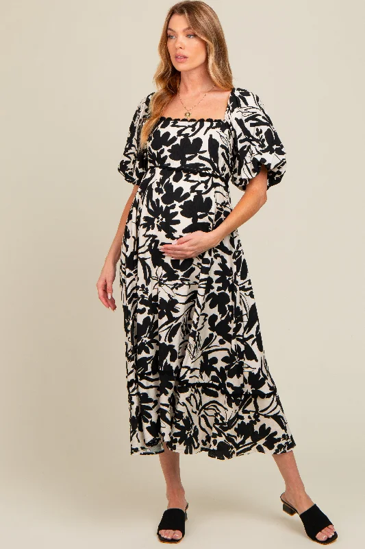 Black Floral Scallop Trim Maternity Midi Dress Stylish Pleated Skirt Midi Dress