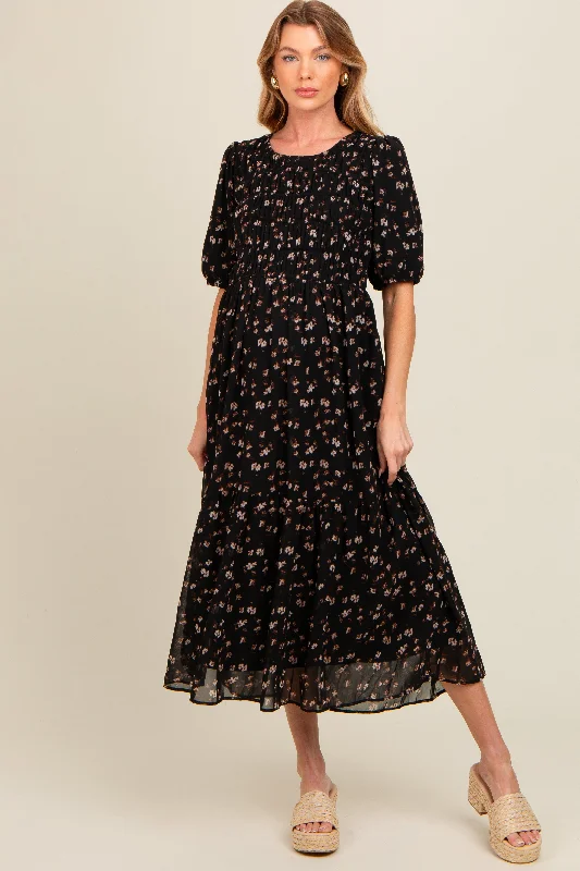 Black Floral Smocked Sash Tie Maternity Midi Dress Stylish Midi Dress with Cuffs