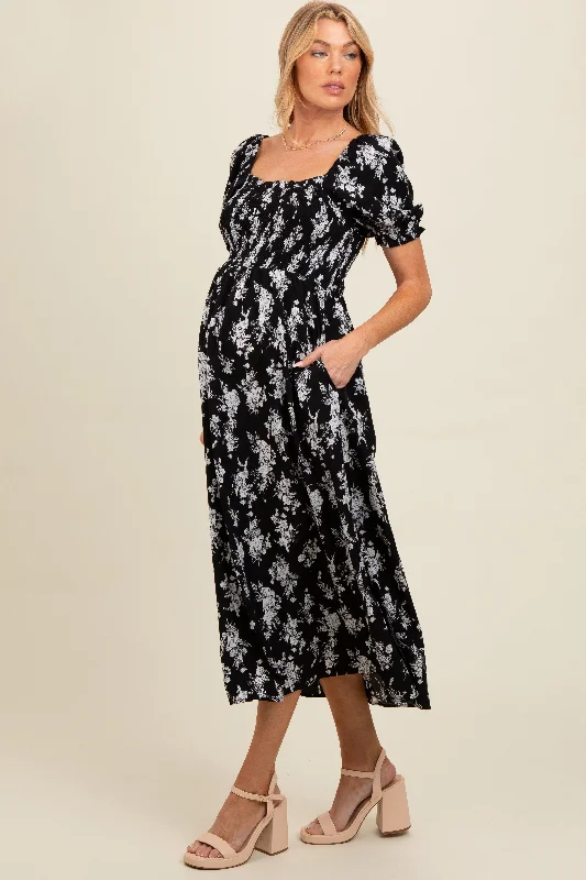 Black Floral Smocked Sweetheart Neckline Maternity Midi Dress Comfortable Lace-Up Midi Dress Black Floral Smocked Sweetheart Neckline Maternity Midi Dress Comfortable Lace-Up Midi Dress
