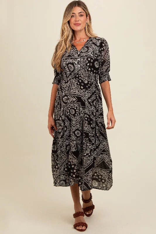 Black Paisley Button Front V-Neck Tiered Maternity Midi Dress Stylish Silk Midi Dress Black Paisley Button Front V-Neck Tiered Maternity Midi Dress Stylish Silk Midi Dress