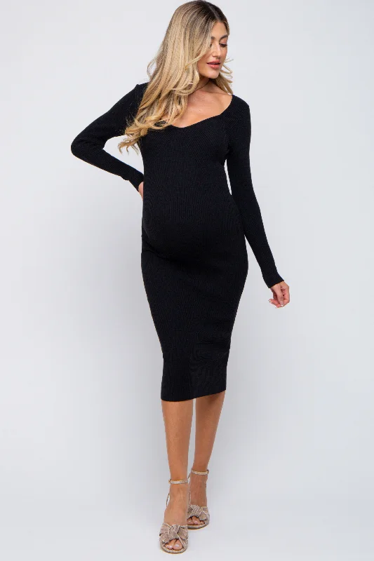 Black Ribbed Long Sleeve Maternity Midi Dress Trendy Long Sleeve Midi Dress